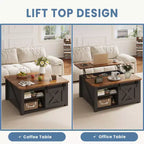 Table basse relevable JIONJOY 31,5" avec grand espace de rangement dissimulé, étagères réglables, table basse carrée de style ferme pour salon, petits espaces