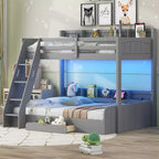 Lit superposé double sur toute la longueur avec rangement, lumières LED et station de charge, lit superposé en bois avec étagères latérales pour enfants et adolescents
