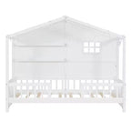 Lit cabane double avec étagères de rangement et barrières, cadre de lit Montessori en bois pour enfants avec fenêtre et bande lumineuse scintillante