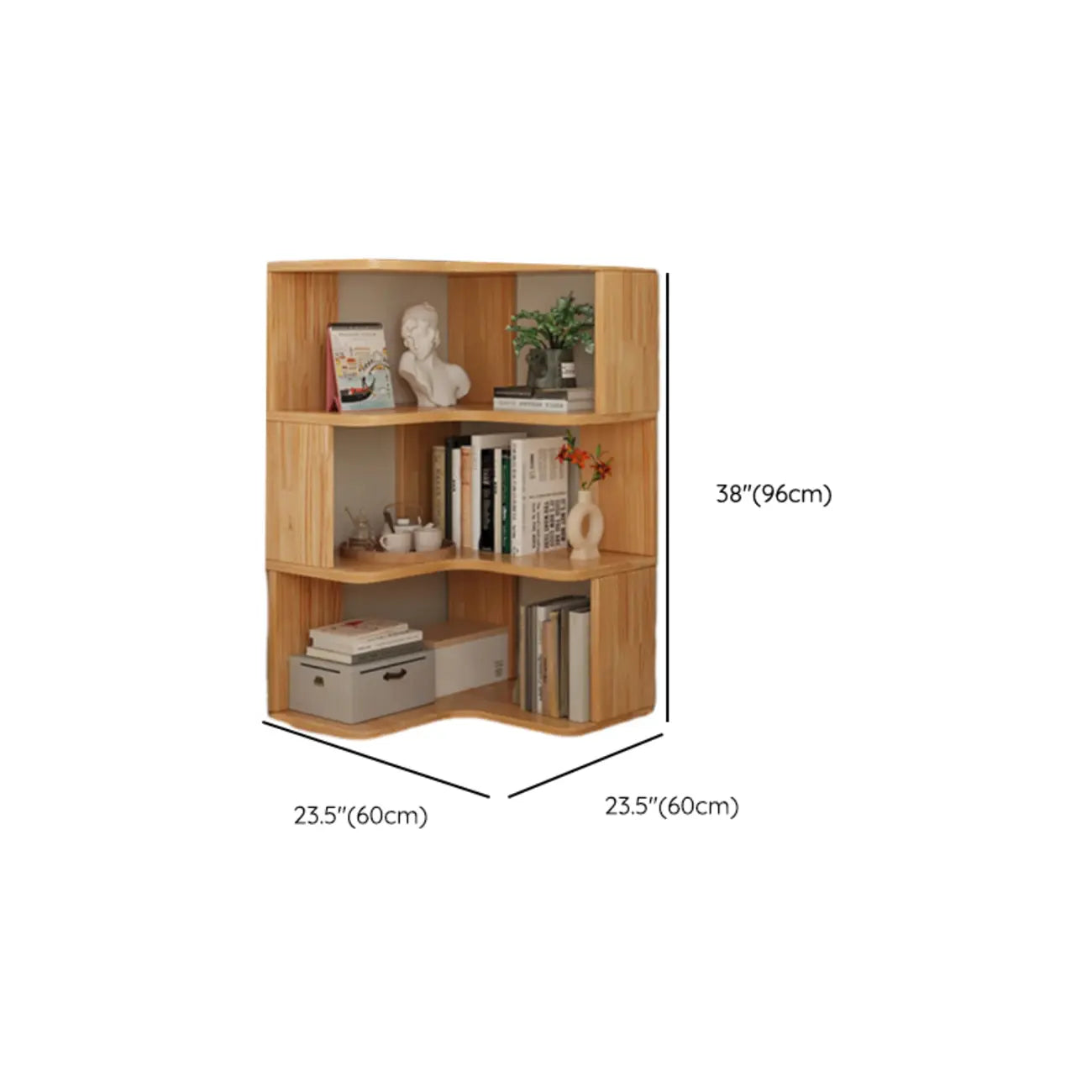 Bibliothèque verticale en bois en L à dos ouvert, finition naturelle