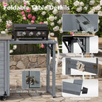 Îlot de cuisine d'extérieur FAMYYT de 198,9 cm avec comptoir en acier inoxydable, station de barbecue pliable et armoires de rangement, Bleu Gris