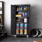 Armoire de rangement de garage avec roues et panneau perforé, armoire de rangement métallique verrouillable de 72 po de hauteur avec 2 portes et 4 étagères réglables pour atelier de garage