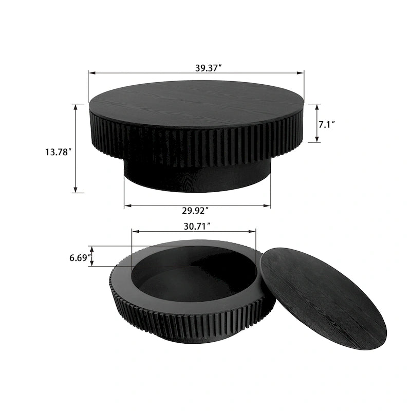 Table basse/de salon ronde moderne plaquée en bois massif avec rangement