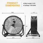 Ventilateur de sol, Ventilateur industriel - Ventilateur de tambour robuste de 24 pouces avec 4 vitesses, Circulateur d'air en métal pour entrepôt, atelier, garage, usine, sous-sol
