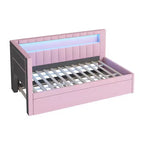 Lit de repos double/complet avec tiroir gigogne et tête de lit bibliothèque en L, lit d'angle doux rembourré en lin avec étagères de rangement et bande LED