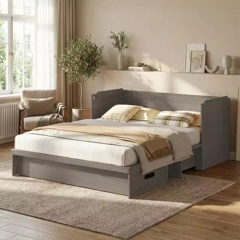 Lit armoire escamotable convertible Mjkone Queen Size avec chargement USB, tiroirs de rangement, matelas non inclus