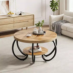 Table basse industrielle ronde de 30 pouces à 2 niveaux avec pieds réglables, étagère à grain de bois, motif flamme, assemblage facile, salon