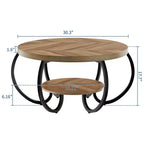 Table basse industrielle ronde de 30 pouces à 2 niveaux avec pieds réglables, étagère à grain de bois, motif flamme, assemblage facile, salon