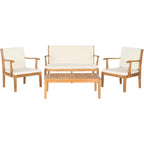 SAFAVIEH Outdoor Living Bradbury Ensemble de patio 4 pièces en bois d'acacia marron avec coussins beiges – 48L x 25P x 32H