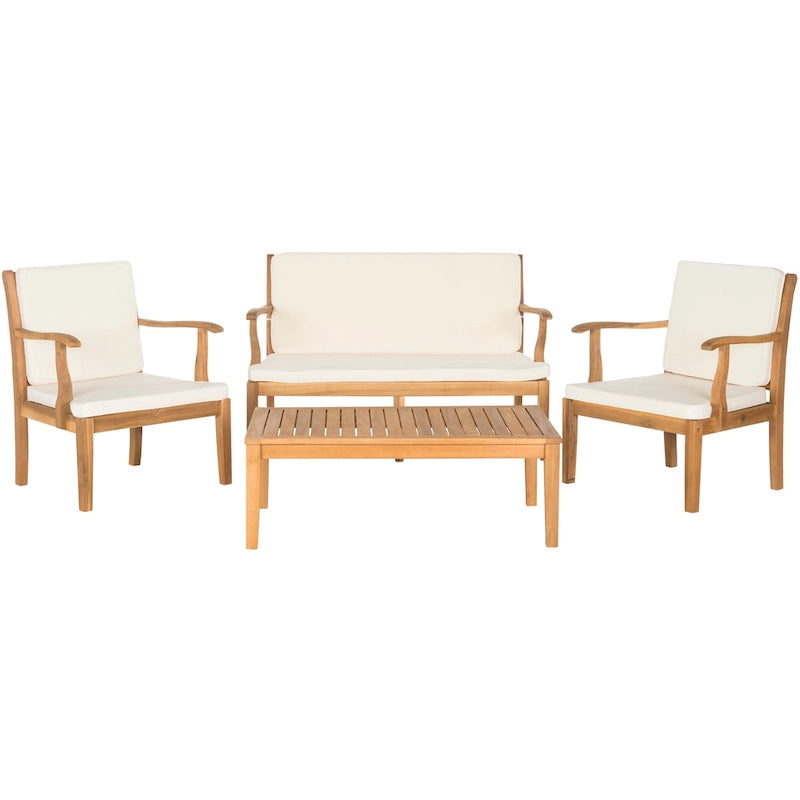 SAFAVIEH Outdoor Living Bradbury Ensemble de patio 4 pièces en bois d'acacia marron avec coussins beiges – 48L x 25P x 32H