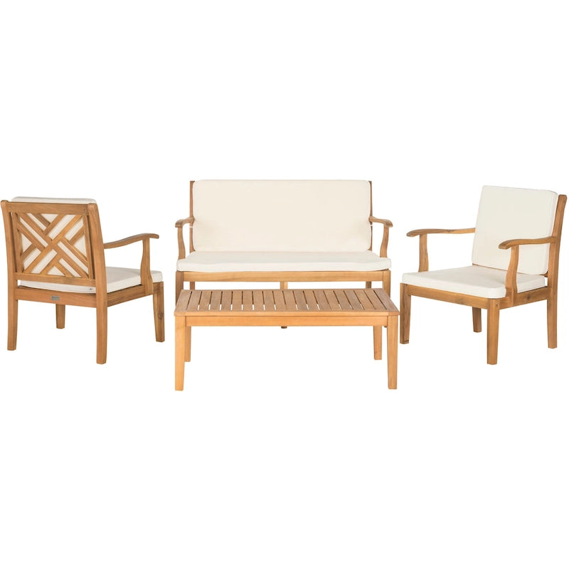 SAFAVIEH Outdoor Living Bradbury Ensemble de patio 4 pièces en bois d'acacia marron avec coussins beiges – 48L x 25P x 32H