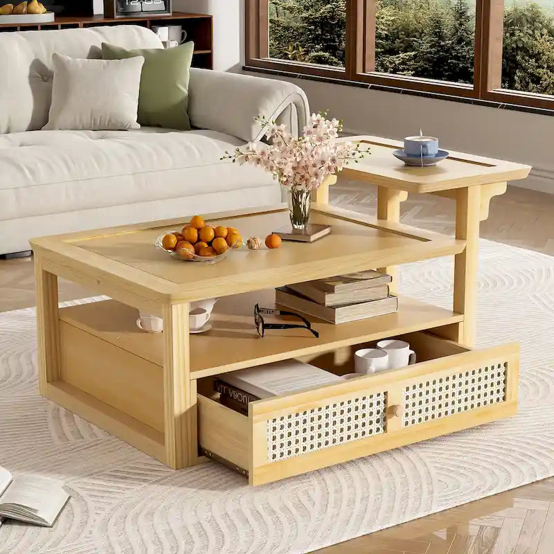 Table Basse Moderne U Can avec Étagère de Rangement et Tiroir en Rotin