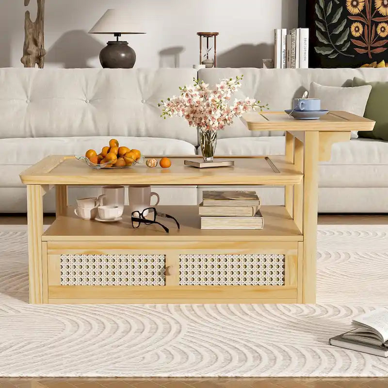 Table Basse Moderne U Can avec Étagère de Rangement et Tiroir en Rotin