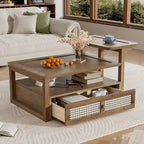 Table Basse Moderne U Can avec Étagère de Rangement et Tiroir en Rotin