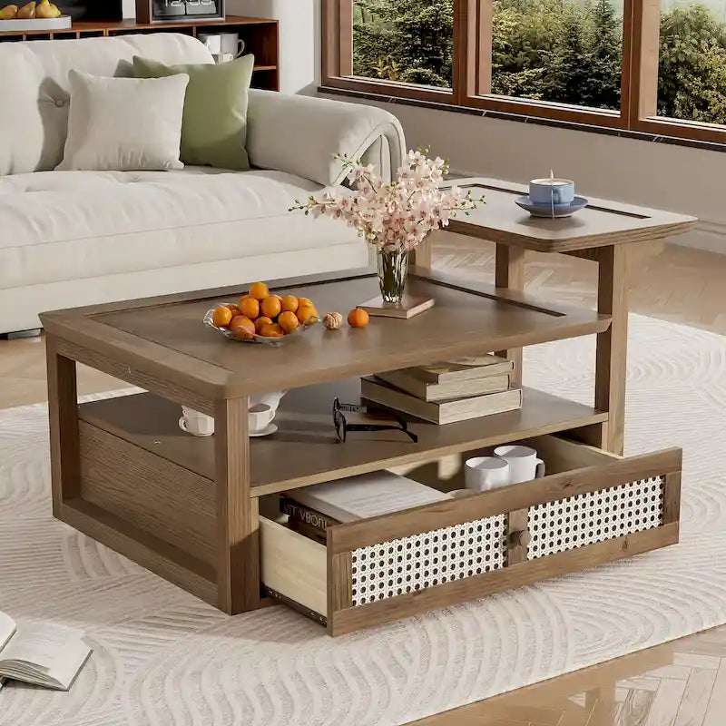 Table Basse Moderne U Can avec Étagère de Rangement et Tiroir en Rotin