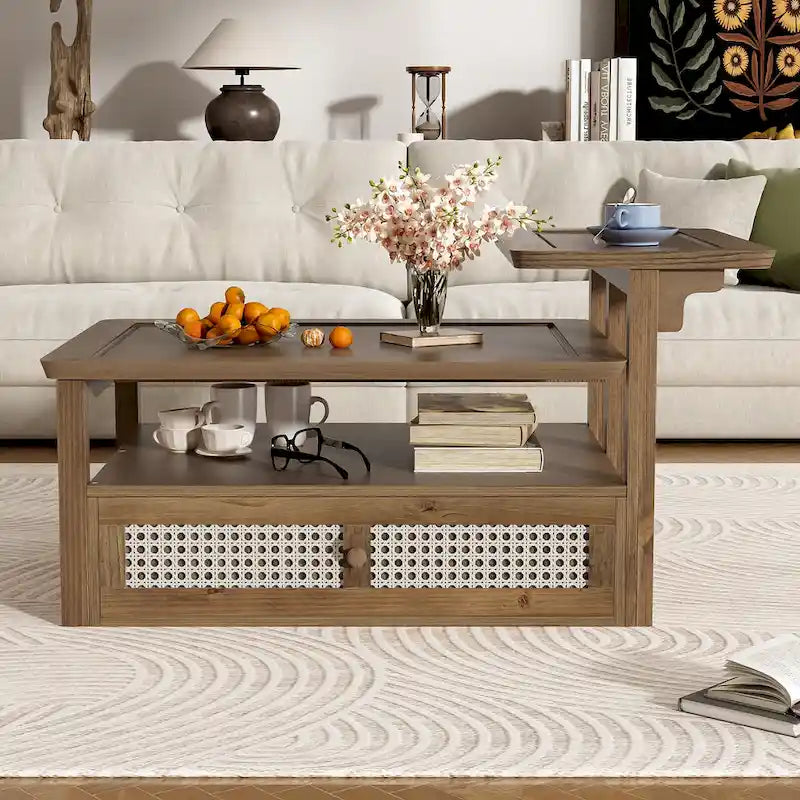 Table Basse Moderne U Can avec Étagère de Rangement et Tiroir en Rotin