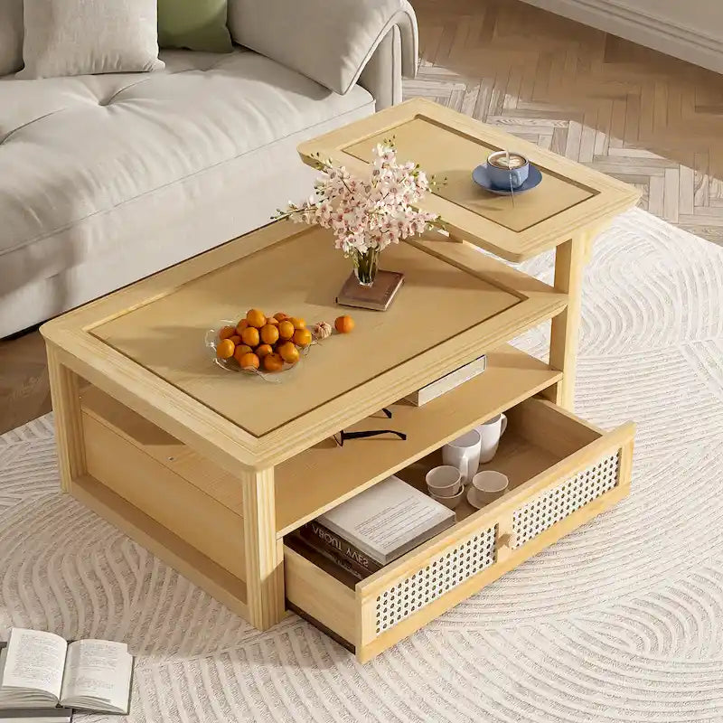 Table Basse Moderne U Can avec Étagère de Rangement et Tiroir en Rotin