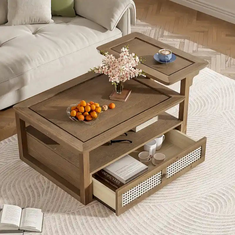 Table Basse Moderne U Can avec Étagère de Rangement et Tiroir en Rotin
