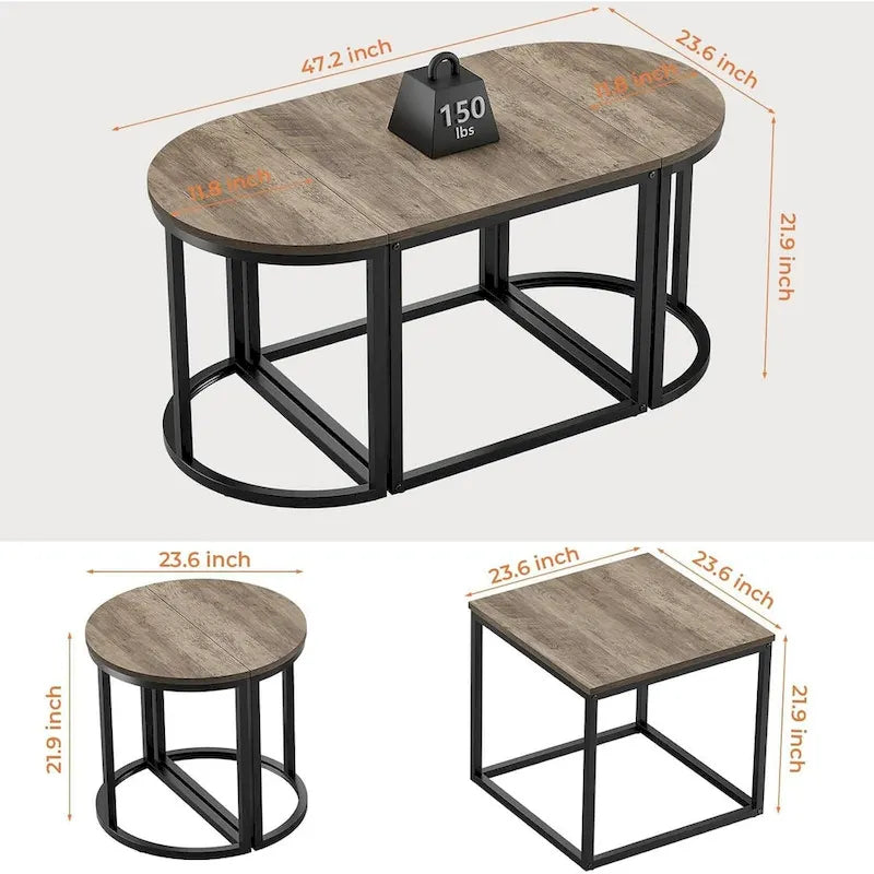 Ensemble de 3 tables basses ovales modernes avec 2 tables d'appoint et cadre en métal
