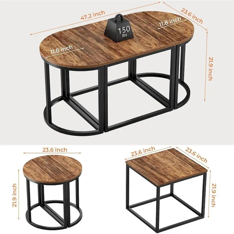 Ensemble de 3 tables basses ovales modernes avec 2 tables d'appoint et cadre en métal