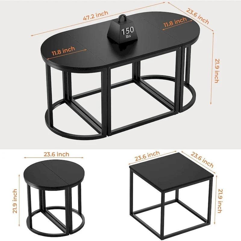 Ensemble de 3 tables basses ovales modernes avec 2 tables d'appoint et cadre en métal
