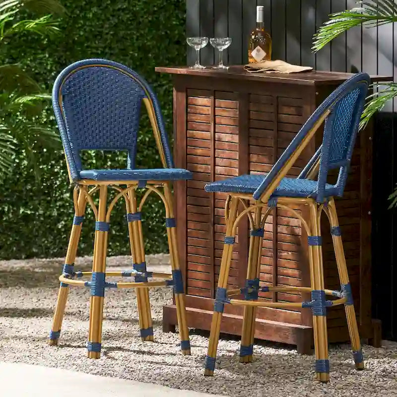 29,5 Tabourets de bar français en rotin synthétique et aluminium pour extérieur, lot de 2