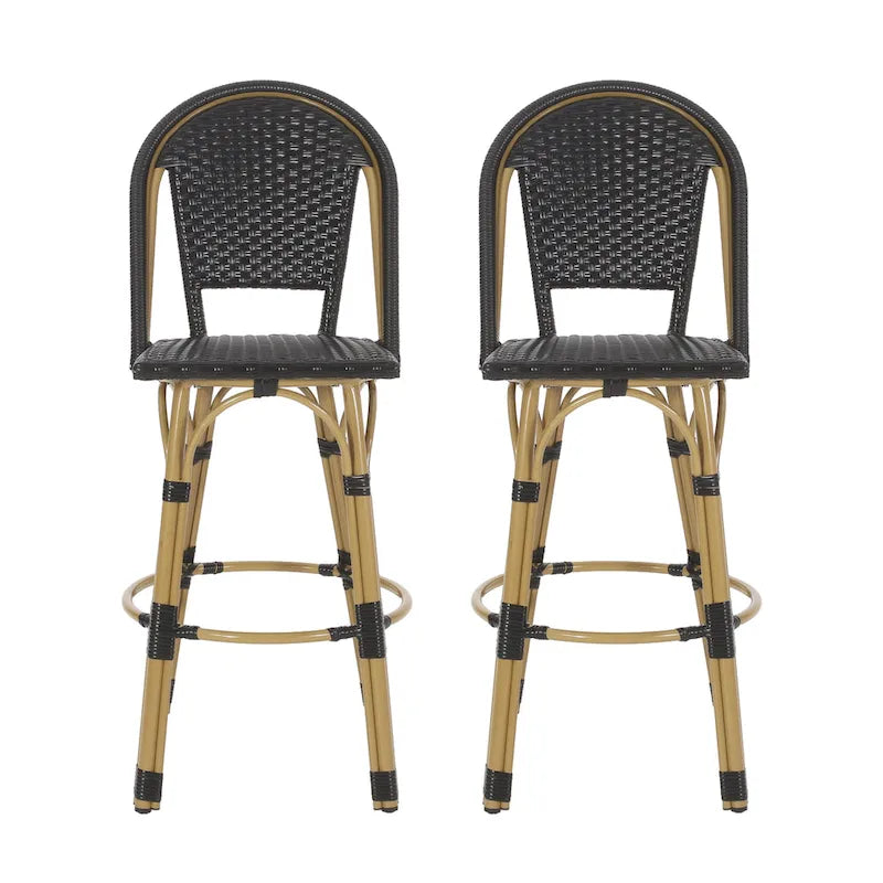29,5 Tabourets de bar français en rotin synthétique et aluminium pour extérieur, lot de 2