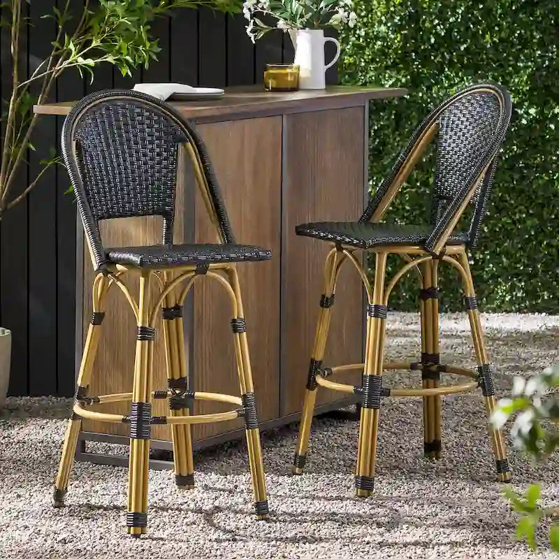 29,5 Tabourets de bar français en rotin synthétique et aluminium pour extérieur, lot de 2