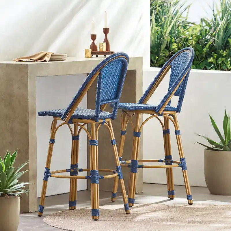 29,5 Tabourets de bar français en rotin synthétique et aluminium pour extérieur, lot de 2