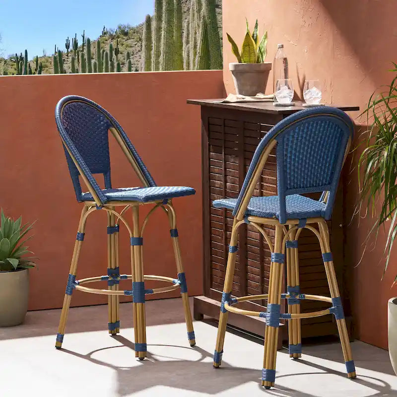 29,5 Tabourets de bar français en rotin synthétique et aluminium pour extérieur, lot de 2