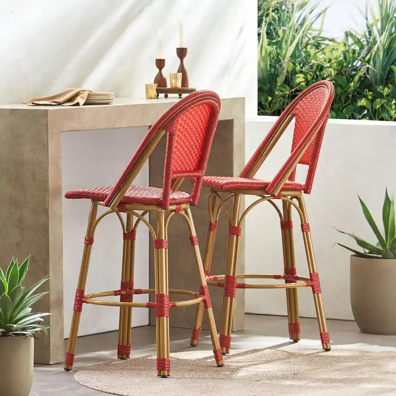 29,5 Tabourets de bar français en rotin synthétique et aluminium pour extérieur, lot de 2
