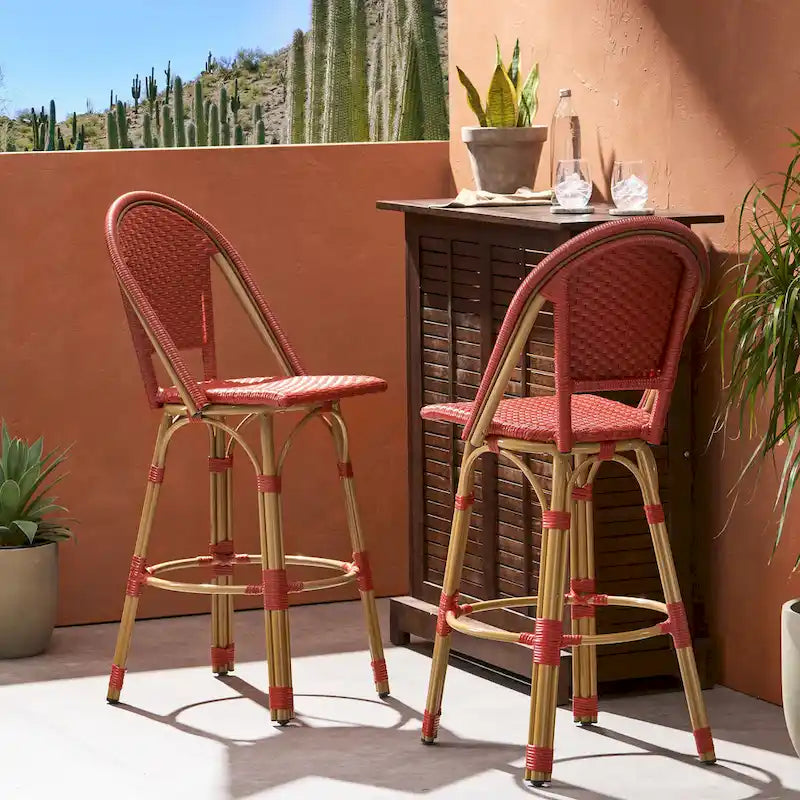 29,5 Tabourets de bar français en rotin synthétique et aluminium pour extérieur, lot de 2