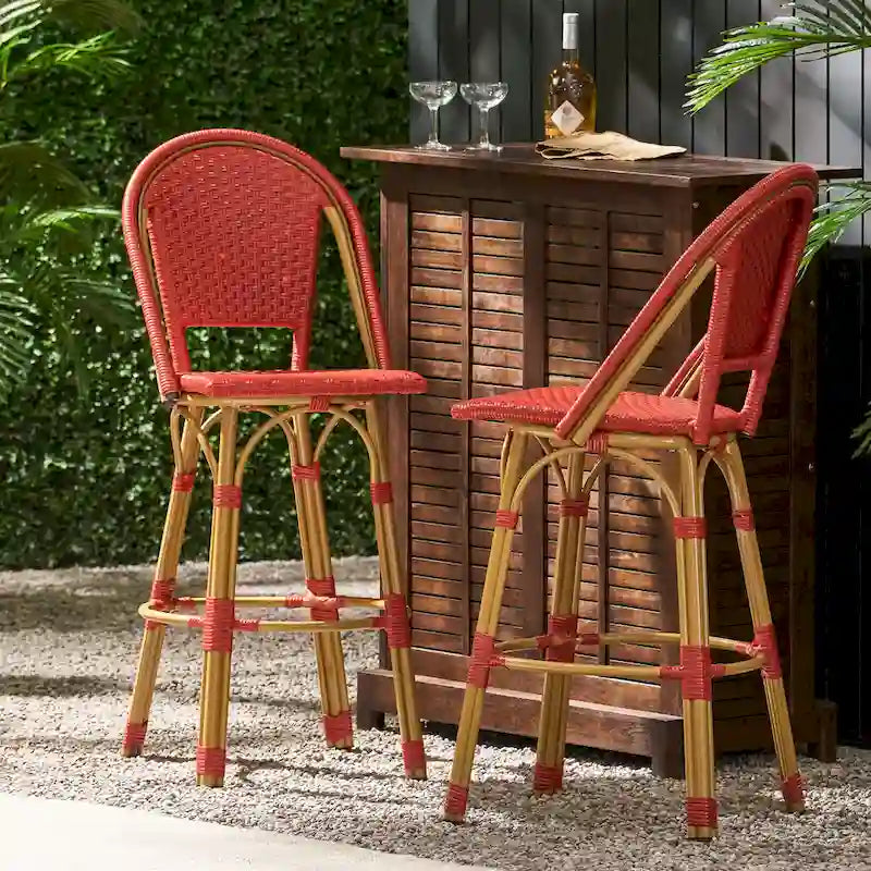 29,5 Tabourets de bar français en rotin synthétique et aluminium pour extérieur, lot de 2