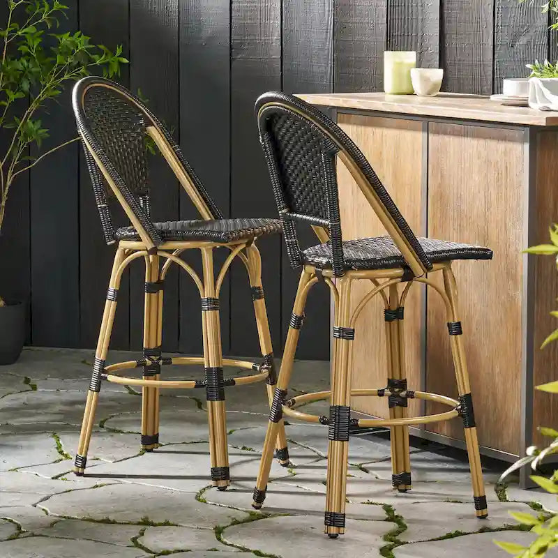 29,5 Tabourets de bar français en rotin synthétique et aluminium pour extérieur, lot de 2