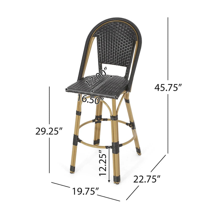 29,5 Tabourets de bar français en rotin synthétique et aluminium pour extérieur, lot de 2