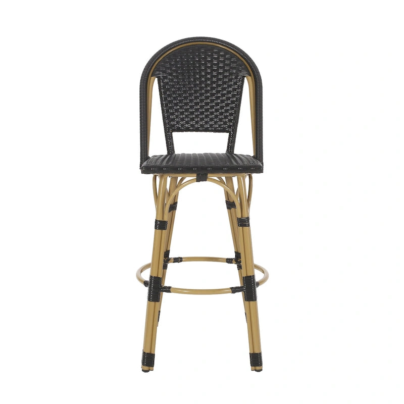 29,5 Tabourets de bar français en rotin synthétique et aluminium pour extérieur, lot de 2