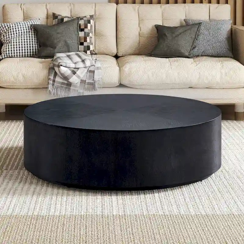 Table basse ronde moderne de 35,43 po avec base en bois massif, plateau en grain de bois, idéale pour salon, chambre à coucher, appartement