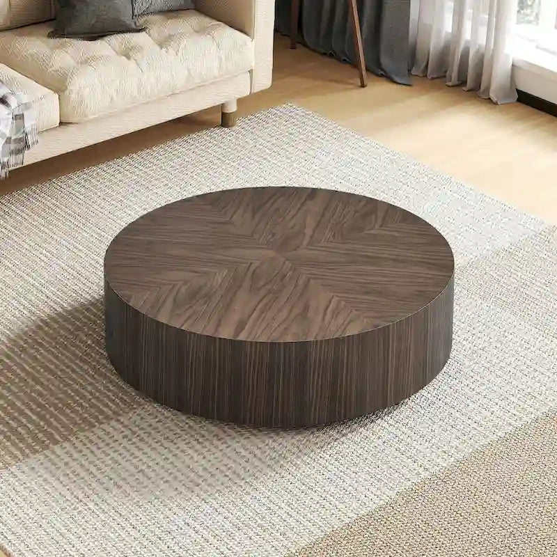 Table basse ronde moderne de 35,43 po avec base en bois massif, plateau en grain de bois, idéale pour salon, chambre à coucher, appartement
