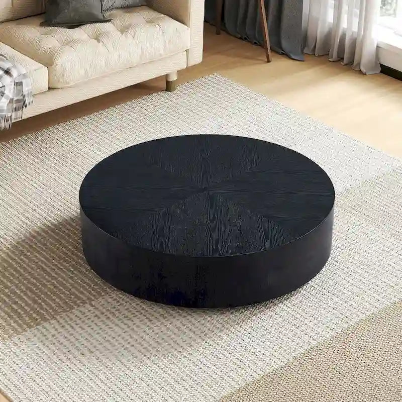 Table basse ronde moderne de 35,43 po avec base en bois massif, plateau en grain de bois, idéale pour salon, chambre à coucher, appartement