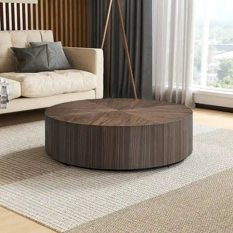 Table basse ronde moderne de 35,43 po avec base en bois massif, plateau en grain de bois, idéale pour salon, chambre à coucher, appartement