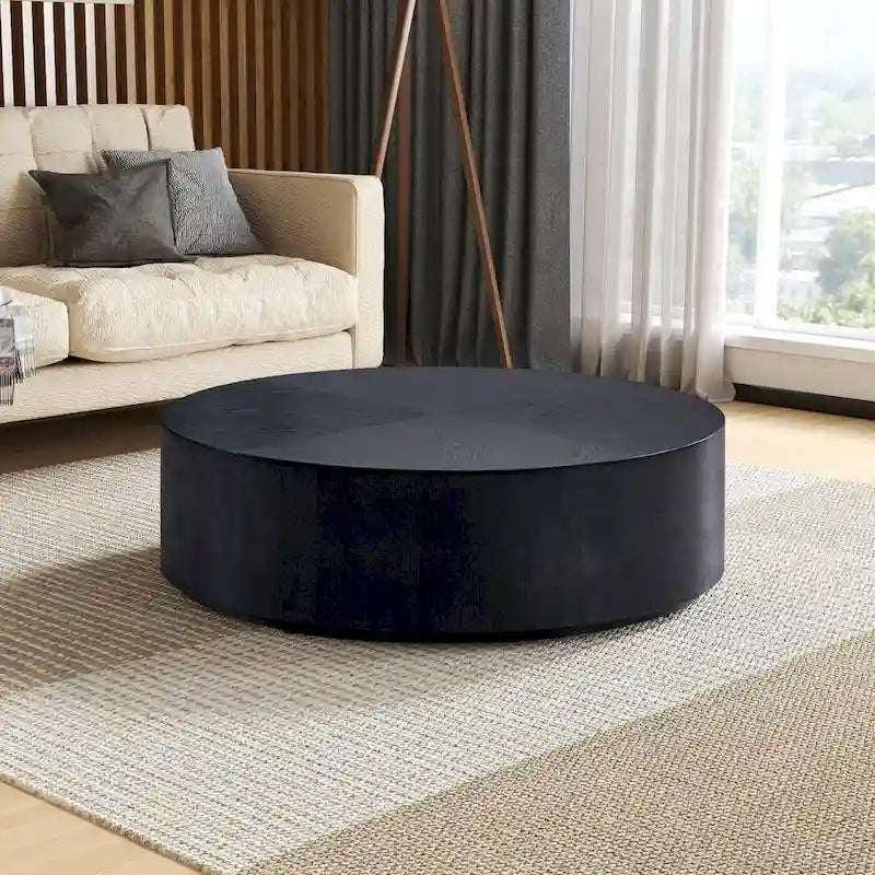 Table basse ronde moderne de 35,43 po avec base en bois massif, plateau en grain de bois, idéale pour salon, chambre à coucher, appartement