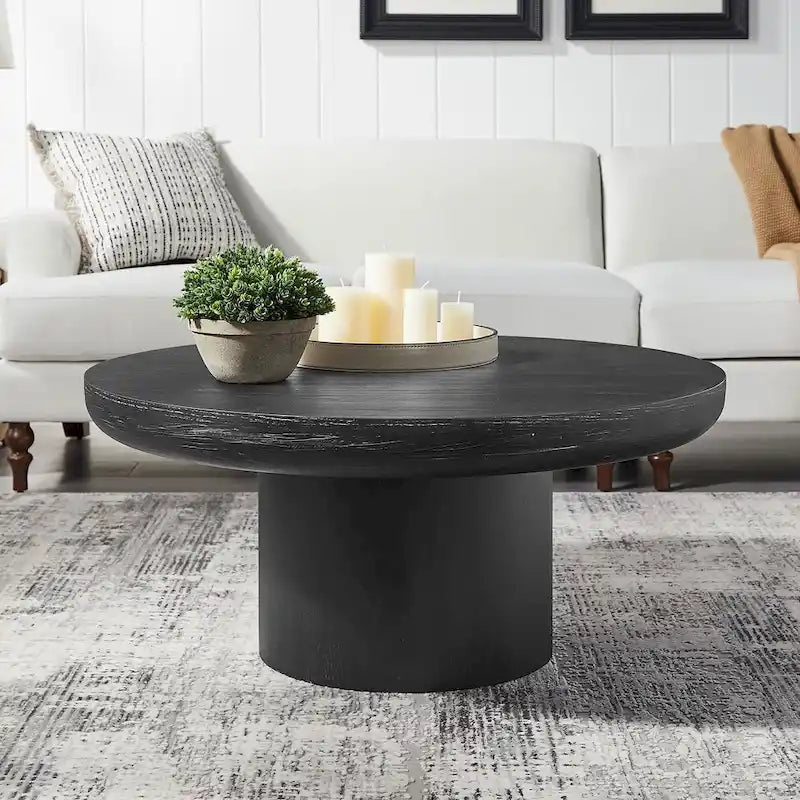 35.98 Round Coffee Table with Cylindrical Leg Base, Wood Grain Veneer, Suitable for Bedroom, Living Room, Balcony, and Office
