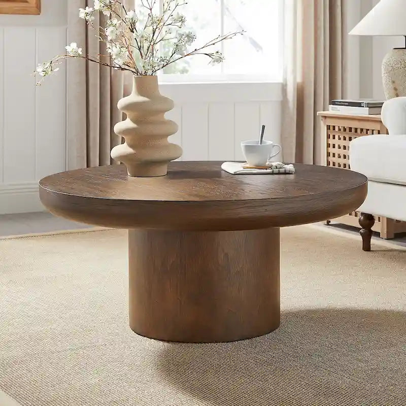 Table basse ronde de 35,98 pouces avec base à pieds cylindriques, placage grain de bois, adaptée pour la chambre à coucher, le salon, le balcon et le bureau