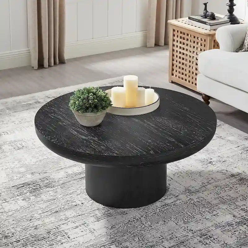 Table basse ronde de 35,98 pouces avec base à pieds cylindriques, placage grain de bois, adaptée pour la chambre à coucher, le salon, le balcon et le bureau
