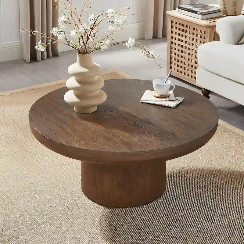 Table basse ronde de 35,98 pouces avec base à pieds cylindriques, placage grain de bois, adaptée pour la chambre à coucher, le salon, le balcon et le bureau