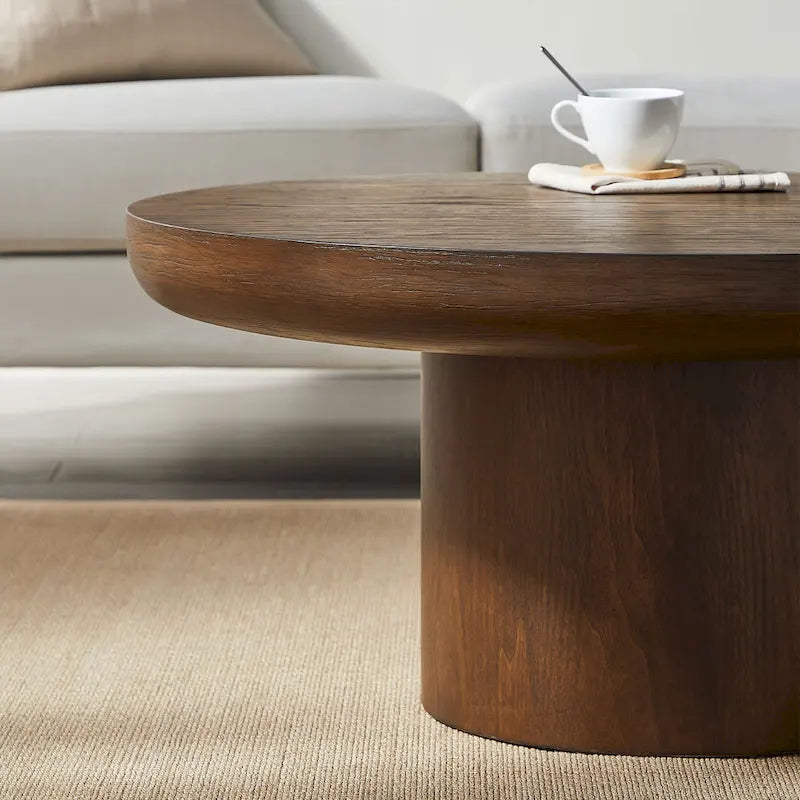 Table basse ronde de 35,98 pouces avec base à pieds cylindriques, placage grain de bois, adaptée pour la chambre à coucher, le salon, le balcon et le bureau