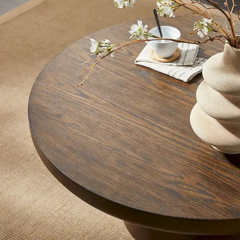 Table basse ronde de 35,98 pouces avec base à pieds cylindriques, placage grain de bois, adaptée pour la chambre à coucher, le salon, le balcon et le bureau