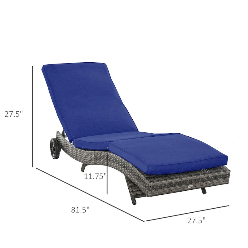 Bain de soleil Outsunny, chaise longue d'extérieur en rotin PE avec coussins, dossier réglable sur 5 niveaux et roulettes
