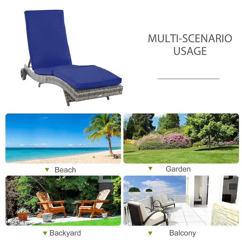 Bain de soleil Outsunny, chaise longue d'extérieur en rotin PE avec coussins, dossier réglable sur 5 niveaux et roulettes