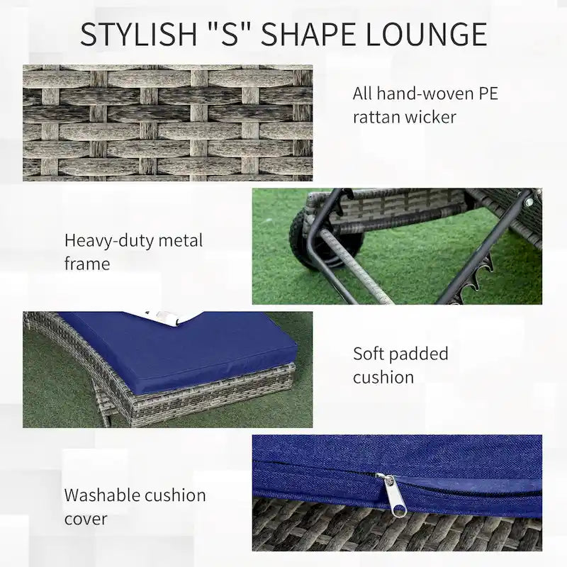 Bain de soleil Outsunny, chaise longue d'extérieur en rotin PE avec coussins, dossier réglable sur 5 niveaux et roulettes